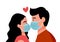 Man and woman loving couple with heart shape on background. Dating lover wearing medical face mask.