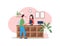 Man and woman in mask in coffeeshop flat color vector faceless character