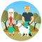 Man and woman met in a park while walking out dogs. Vector cartoon people characters in flat style design. Cute dogs