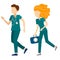 Man and woman nurse running to save a life.A doctor with a first-aid kit runs to help. Medical clinic worker in uniform