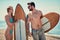 Man and woman outdoors - surfers on the beach Vacation. Extreme