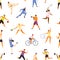 Man and woman performing various kinds of sports seamless pattern. People demonstrate physical activity vector flat