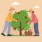 Man and woman picking up harvest from tree into basket. Boy and girl farmer or gardener. Family harvesting fruits.