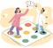 Man and woman playing twister at floor, people spend time together, happy family playing indoor game