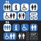 Man and woman public access icons set on blue and black background