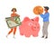 Man and Woman Putting Coin and Folded Dollar Banknote in Piggy Bank as Saving Money Vector Illustration