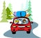 A man and a woman in red car driving on a forest road to rest. Taking your backpacks, boat, oars, fishing rod
