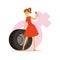 Man and woman in red dress with spanner and tire, feminism colorful character vector Illustration