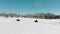 A man and a woman ride a quad bike through the winter forest