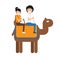 Man and woman riding camel, illustration.