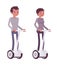 Man and woman riding white electric scooters