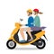 Man and woman riding yellow motor scooter. Couple on moped. Flat style.