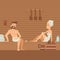 Man and woman in sauna vector illustration. People in towels sitting in hot sauna, romantic leisure couple. Wellness spa