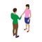 Man and woman shake hands. Business partners handshake scene in isometric view