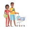 Man And Woman Shopping For Groceries In Supermarket With Shopping Cart, Illustration From Happy Loving Families Series