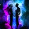 Man and woman silhouettes at abstract cosmic background. Human souls couple in love and spiritual life concept
