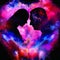 Man and woman silhouettes at abstract cosmic background. Human souls couple in love and spiritual life concept