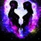 Man and woman silhouettes at abstract cosmic background. Human souls couple in love and spiritual life concept