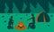 Man and a woman are sitting around a campfire at night. Family tourism. Hike. Concept. Vector.