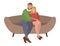A man and a woman are sitting on a large sofa. The bearded guy is hugging the girl and smilng