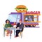 Man and woman are sitting at the table in front of the truck that sells hamburgers and cheeseburgers, isolated object on