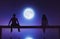 Man and woman sitting on wooden fence against the moonlight