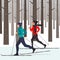 Man and woman skiers in motion in a snowy winter forest among the trees. Vector illustration in flat style.