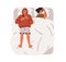 Man and woman sleeping, dreaming apart in bed. Family couple asleep, top view. Wife and husband reposing, relaxing on