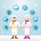 Man and Woman in Snowsuit with Icons Set