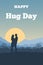 Man and woman stand and embrace. Hug Day cards with the silhouette of a couple on background sunset landscape with a mountains and