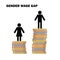 Man and woman standing on different stacks of coins, gender gap and inequality in salary concept