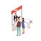 Man and woman standing in front of commercial promo stand and talking to promoter, seller or consultant. People at trade