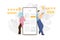 Man and woman standing near by cell phone, smartphone, giving feedback for servise or product. Flat modern illustration