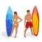 Man and woman are standing with a surfboard in his hands. Flat 3d vector isometric illustration. Extreme water sports.