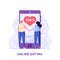 Man and woman stands in front of the phone and hold hands. Concept of online meeting, online dating, virtual relationship, love,