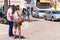 Man and woman on the street, Sitges, Barcelona, Catalunya, Spain. Copy space for text.