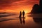 A man and a woman stroll along a beautiful beach as the sun sets in the distance, couple on the beach at sunset, AI Generated