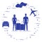 Man and woman with suitcases, plane, cloud, car.