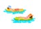 Man and woman on summer time beach vacations relaxing sunbathing floating swimming on inflatable mattress on wate