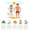 Man and woman sunbathing infographics couple vacation summer time on the beach sand tropical nature vector illustration.