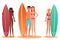 Man and woman surfer standing, holding a surfboard. Cartoon people couple surfers. White and black african young people.