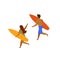 Man and woman surfers running with surfboards on a beach,