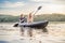 Man and woman swims on kayak in the sea on background of island. Kayaking concept.Kayaking concept with family of father