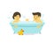 A man and woman takes a bath together. Shower in the bathroom. Bathing time. Romantic relaxation. Cartoon style.