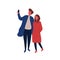 Man and woman taking selfie flat vector illustration. Boyfriend and girlfriend on date. Stylish guy holding smartphone