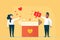 Man and woman throwing emojis into box give positive or negative feedback for service. People like or dislike company service