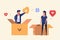 Man and woman throwing emojis into box give positive or negative feedback for service. People like or dislike company service