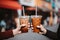 Man and woman toasting with plastic takeaway cups of delicious iced coffee outdoors