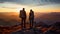 man and woman tourist hiking at mountain peak at sunset, romantic hikers couple standing at cliff at sunrise