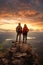 man and woman tourist hiking at mountain peak at sunset, romantic hikers couple standing at cliff at sunrise